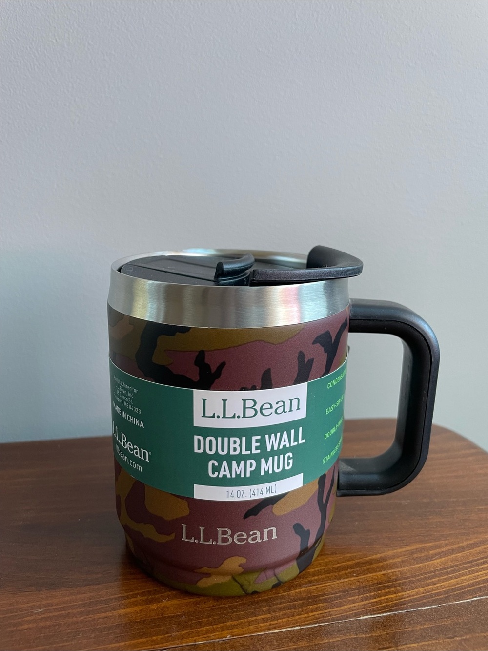 New L.L.Bean Camouflage Double Wall Camp Mug - Brown & Green 14 Oz